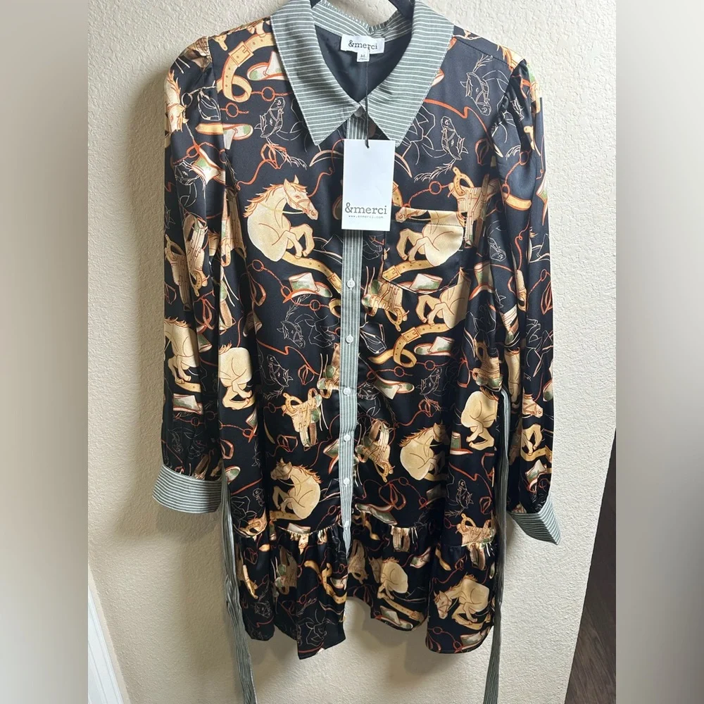Black and Gold Western Patterned Shirt Dress - NWT - Picture 1 of 8